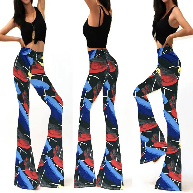 Womens Flared Leggings Printed Long Pant Elastic High Waist Trousers