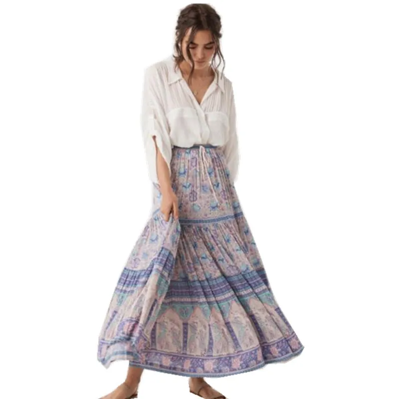 2019 Bohemian Lavender Floral Print Long Skirt Women Stitching pleated Lacing up Stream Elastic Waist Swing Skirts
