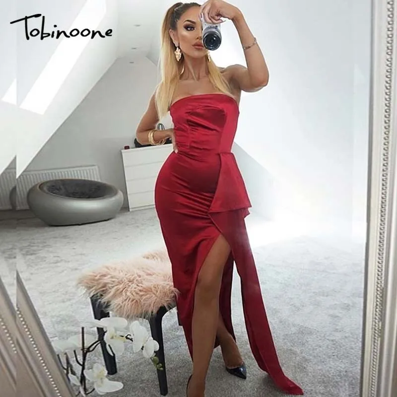 

Tobinoone off shoulder long dress women Sexy backless lace up party dress Elegant split satin summer dress female vestidos 2019