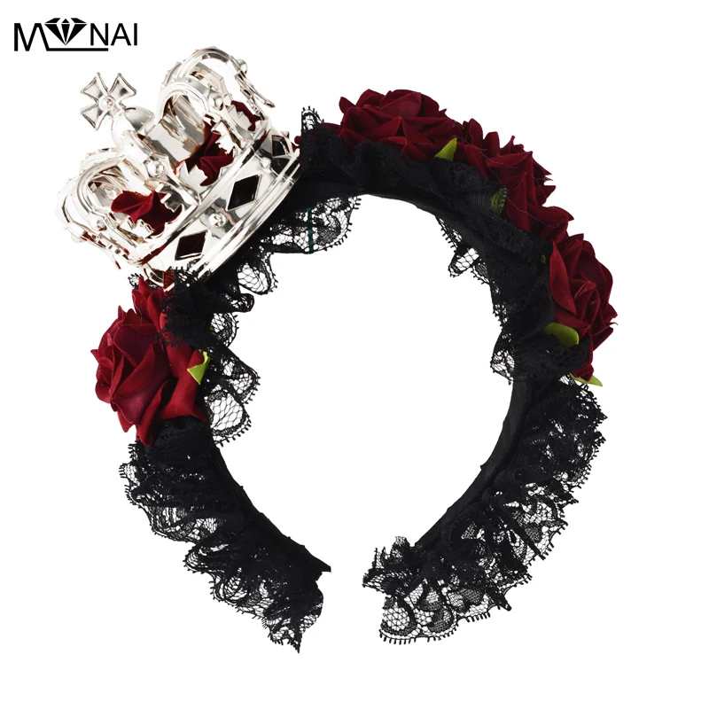 

Vintage Retro Dark Red Rose Flowers Gothic Headband Victorian Crown Cosplay Hair Accessories Costumes Fancy Dress