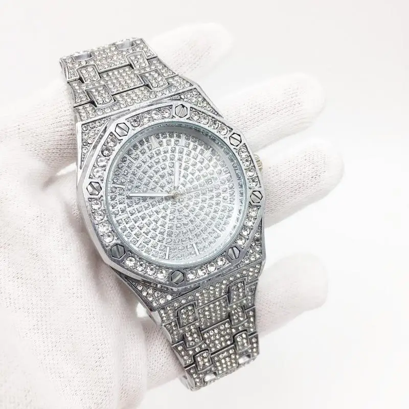 Шикарные бриллиантовые часы для мужчин Iced Out роскошные мужские s кварцевые часы мужские наручные часы серебро Нержавеющая сталь Relogio Masculino