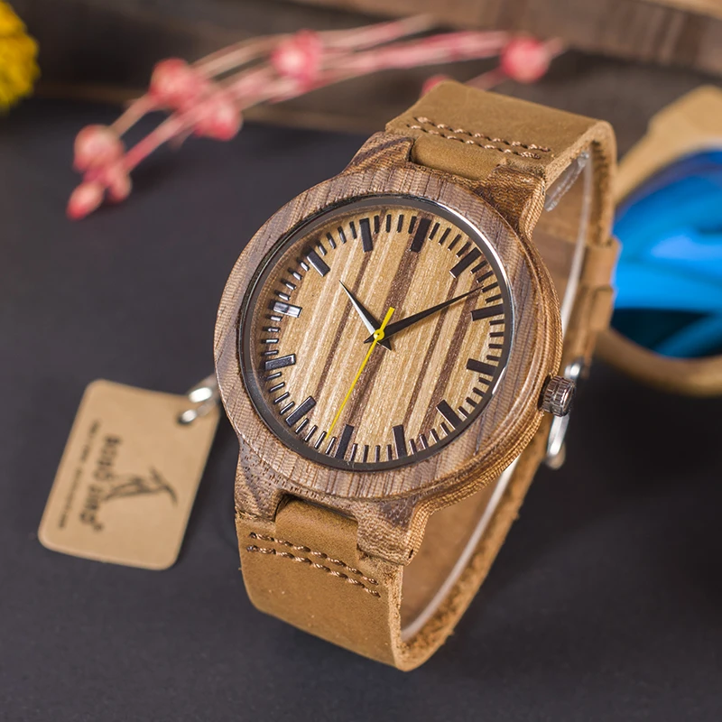 

BOBO BIRD Watch Men Brown Strips Natural Wooden Case Genuine Leather Strap Male Wristwatch OEM B-C21