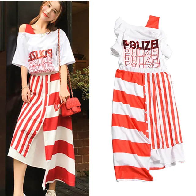 2018 Summer Women New Clothing Set Slash Neck Hollow Sequins Embroidery Tops Tees and Split Strip Asymetrical Skirt Suits NS78