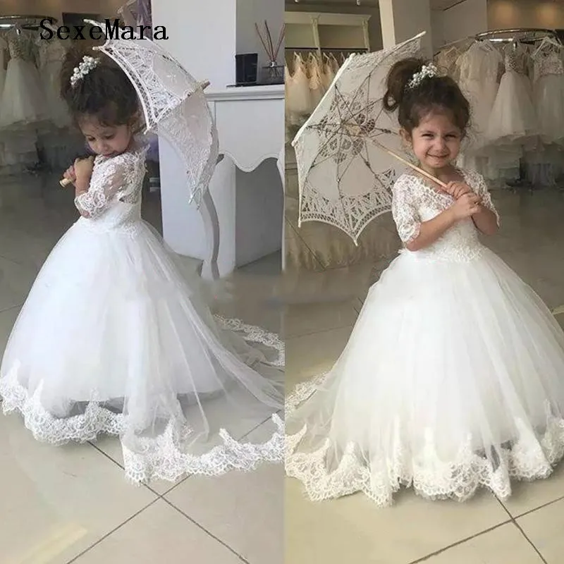 Милое белое кружевное платье с цветочным узором для девочек, с круглым вырезом, для дня рождения, торжественное платье для первого причастия, платья для маленькой принцессы