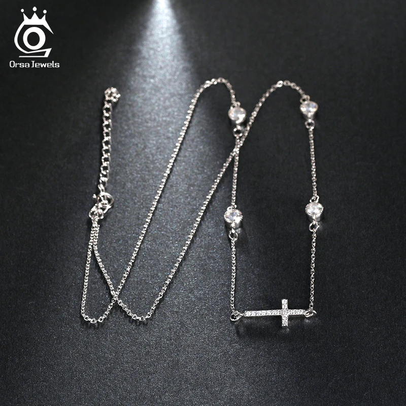 

ORSA JEWELS 2018 New Fashion Shiny CZ Cross Pendant Silver Color Necklace for Women Wedding Party Jewelry ON116