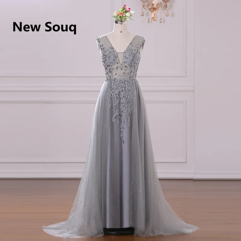 

Greatly Pearls Beading Crystal Evening Dresses Illusion V-neck Sleeveless Robe De Soiree Evening Gowns Formal Prom Dress
