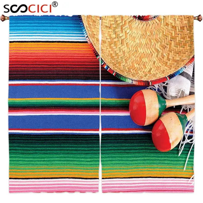 

Window Curtains Treatments 2 Panels,Mexican Decorations Collection Mexican Artwork with Sombrero Straw Hat Maracas Serape