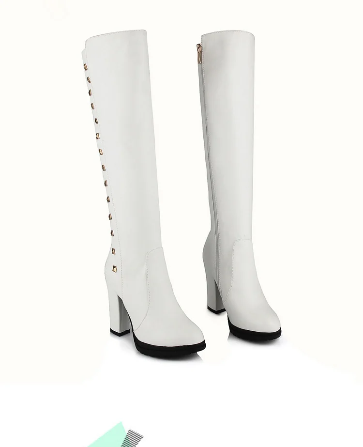ANMAIRON/женские зимние Модные непромокаемые сапоги до колена; модель года; женские кожаные сапоги; белые сапоги на квадратном каблуке; однотонные зимние сапоги на молнии