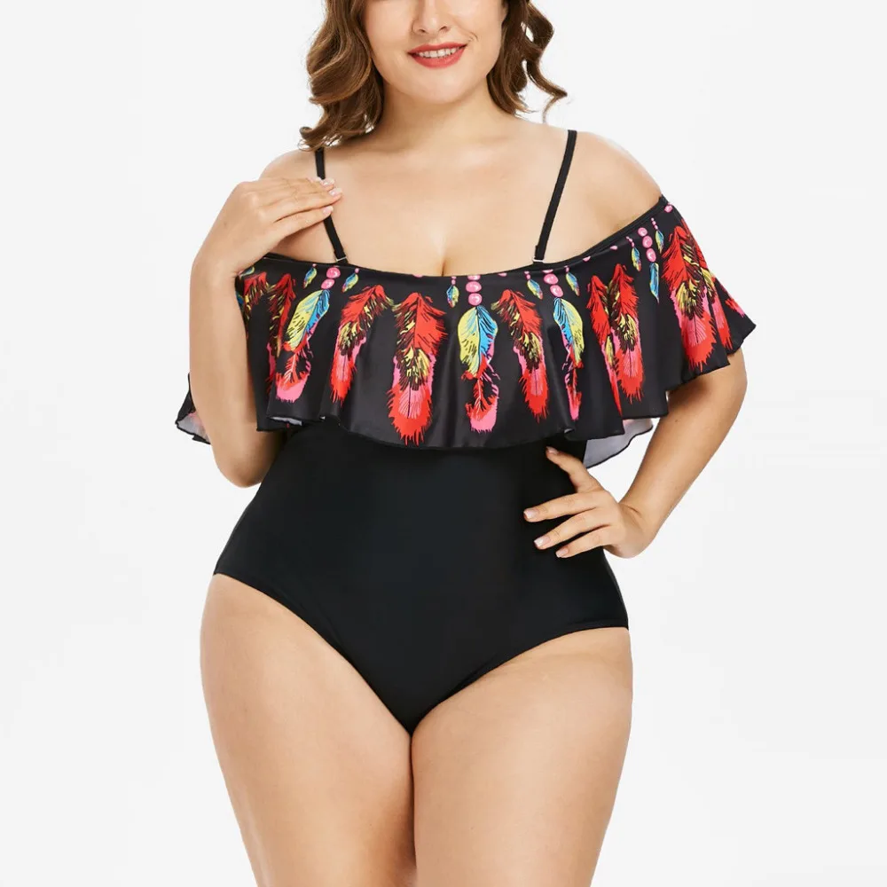 2019 Women's plus-size sexy summer bikinis set  feather print one-piece ruffled swimsuit push up bikinis mujer brasile a 40J8 (8)
