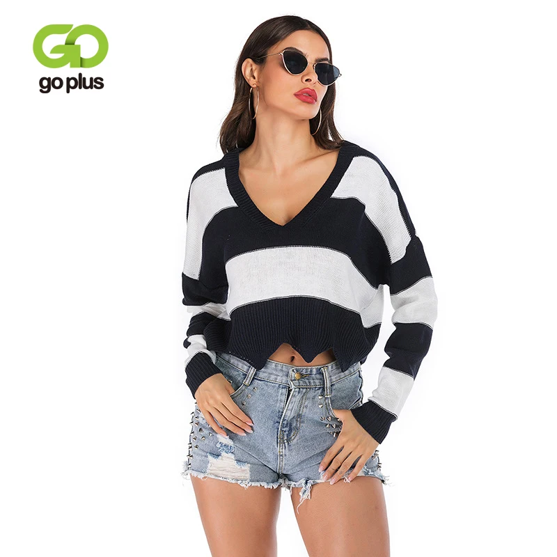 

GOPLUS 2019 Women's Knitted Sweater V Neck Autumn Winter Jumper Striped Sexy Batwing Sleeve Loose Pullover Pull Clothing Femme