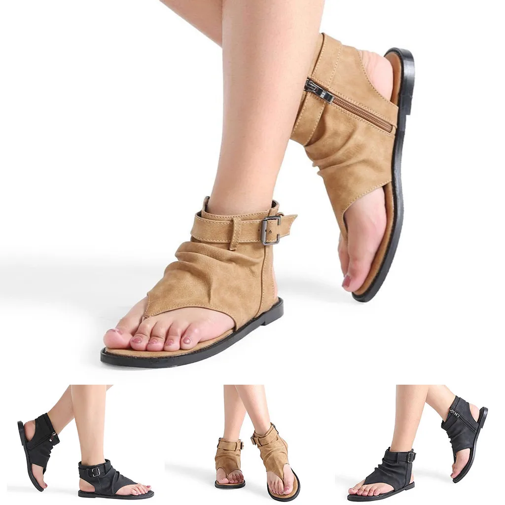 Летние женские сандалии; модные Вьетнамки; повседневные сандалии на плоской подошве в римском стиле; однотонные женские сандалии на молнии; большие размеры; T9