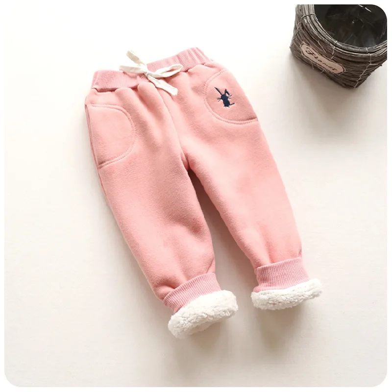 Плотные теплые флисовые штаны с вышивкой для мальчиков и девочек на осень и зиму - Цвет: Розовый