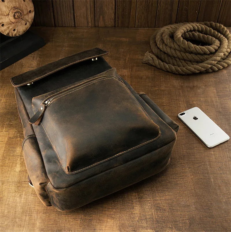 PNDME simple vintage genuine leather men's backpack ladies large rucksack casual crazy horse cowhide daily laptop bookbag