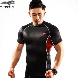 Новый TUNSECHY мышцы рубашка Для мужчин ужесточение сжатия Футболка рукава лидер оздоровительный клуб Фитнес База Топ туника с коротким