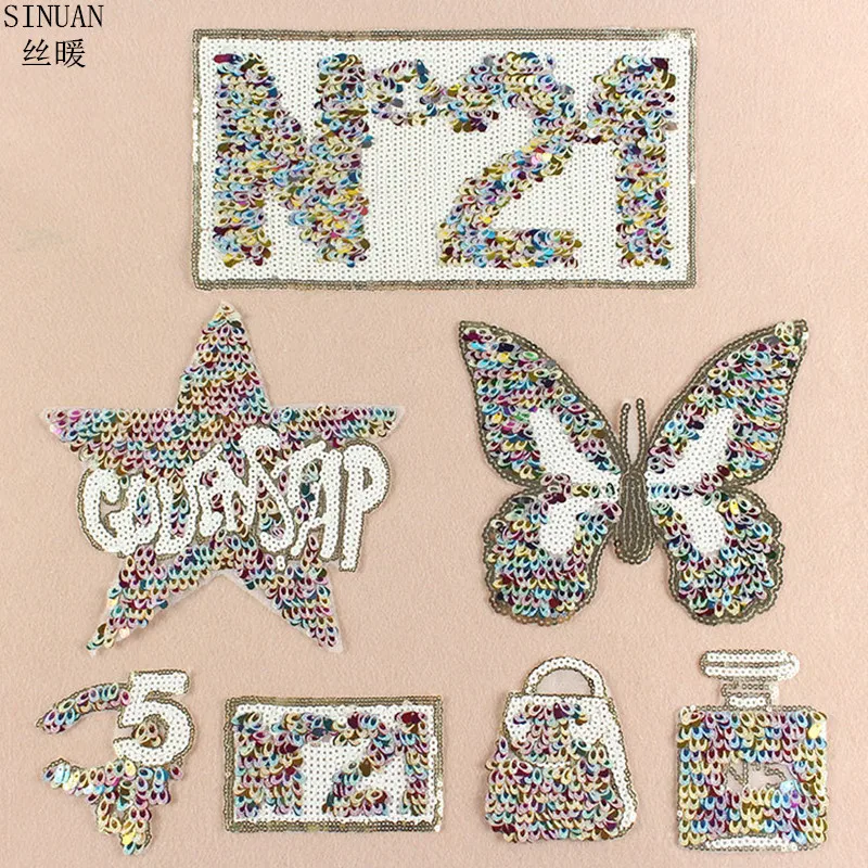 

SINUAN Sequined Patch For Clothing Sew-On Patch Sequined Embroidery Patches 1Pieces Various Sequin Applique Clothes Accessories