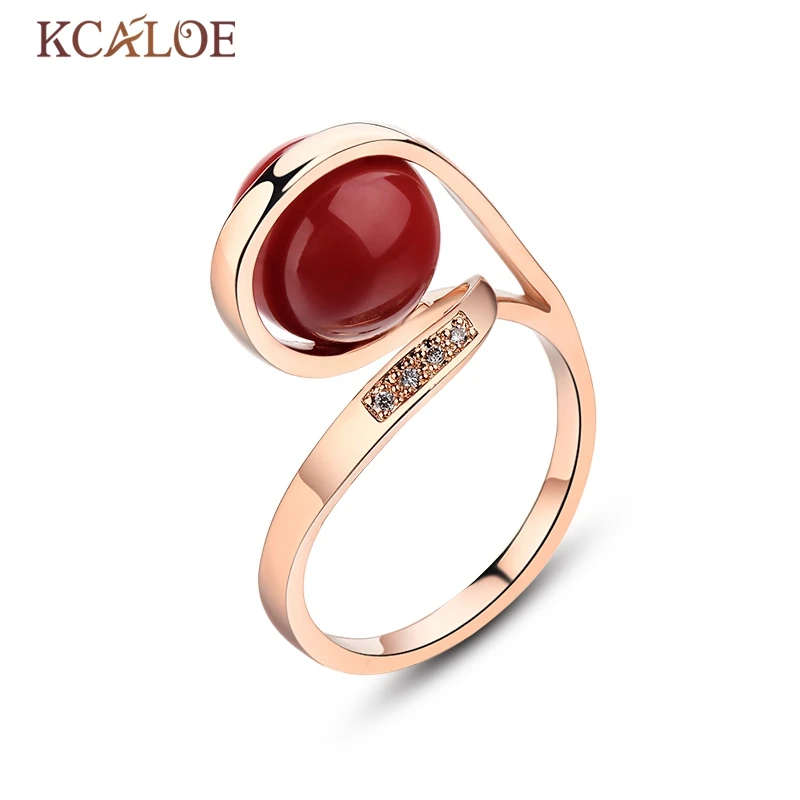 

KCALOE Natural Artificial Coral Ring Round Ball Red Stone Wedding Engagement Jewelry Rose Gold Color Coral Rings For Women