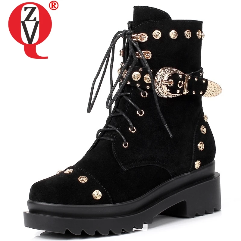 

ZVQ women shoes winter newest fashion metal rivet cow suede boots women med square heel platform zip outside warm ankle boots