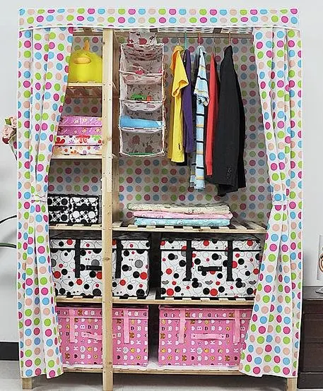 Cream Canvas Wood Double Wardrobe Shelves With Timber Frame
