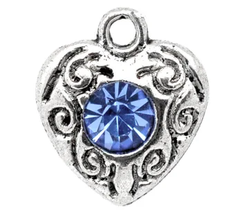 

500Pcs Heart Pattern Charm Antique Silver Tone Blue Rhinestone Pendants Jewelry Findings 12x10mm