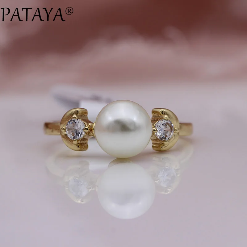 PATAYA New Champagne Gold Imitation Pearls Round Natural Zircon Rings Women Wedding Party Jewelry Leaf shape Girls Cute Ring