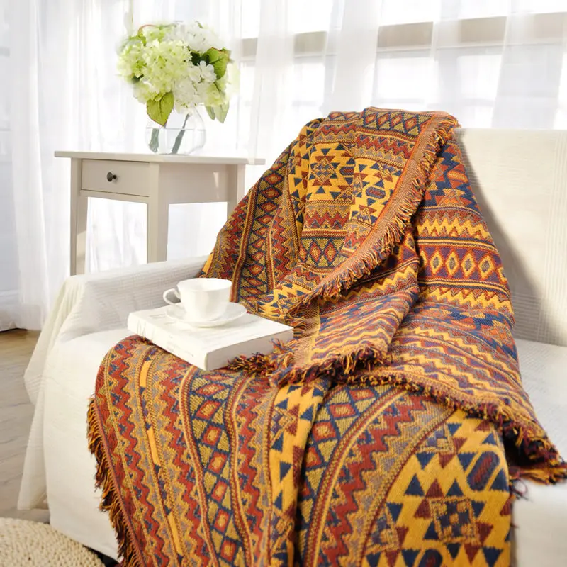 Хлопковое одеяло для дивана, индийский ковер для гостиной, спальни, ковер для дивана, одеяло с геометрическим узором, турецкое этническое покрывало с узором - Цвет: Yellow
