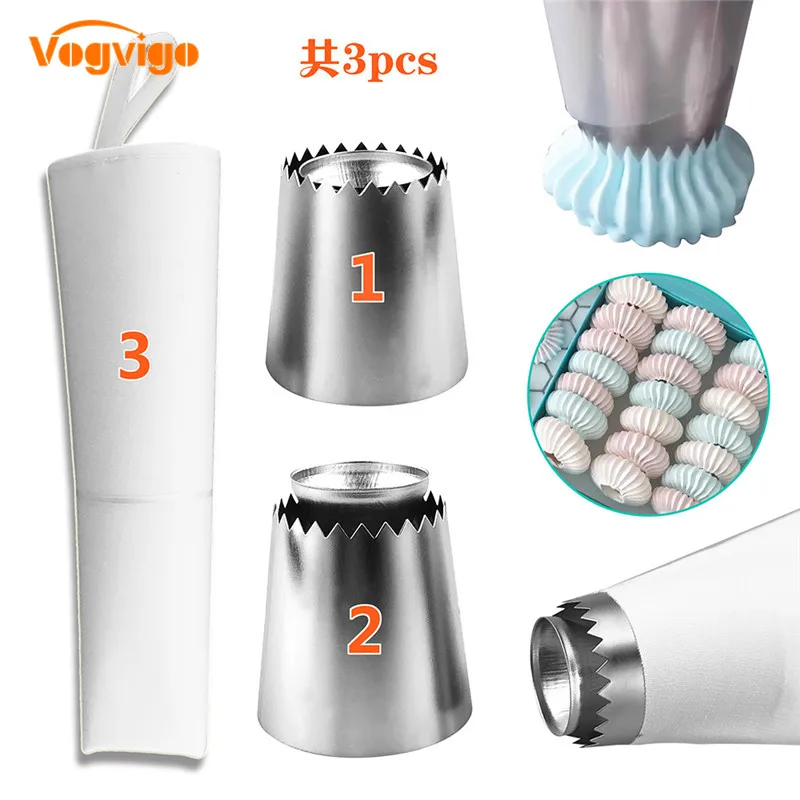 

VOGVIGO 3pcs/set Cookie/Biscuit Ice Cream Pastry Tips Cake Mold Cake Decorating Tools Icing Piping Nozzles+ Cotton Pastry Bags