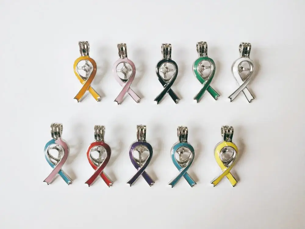 

Cancer Breast Awareness Ribbon Colored Ceramic Cage Locket-"Symbol of the Pink Ribbon" Love Scarf Shape Pearl Cage Pendant PN327