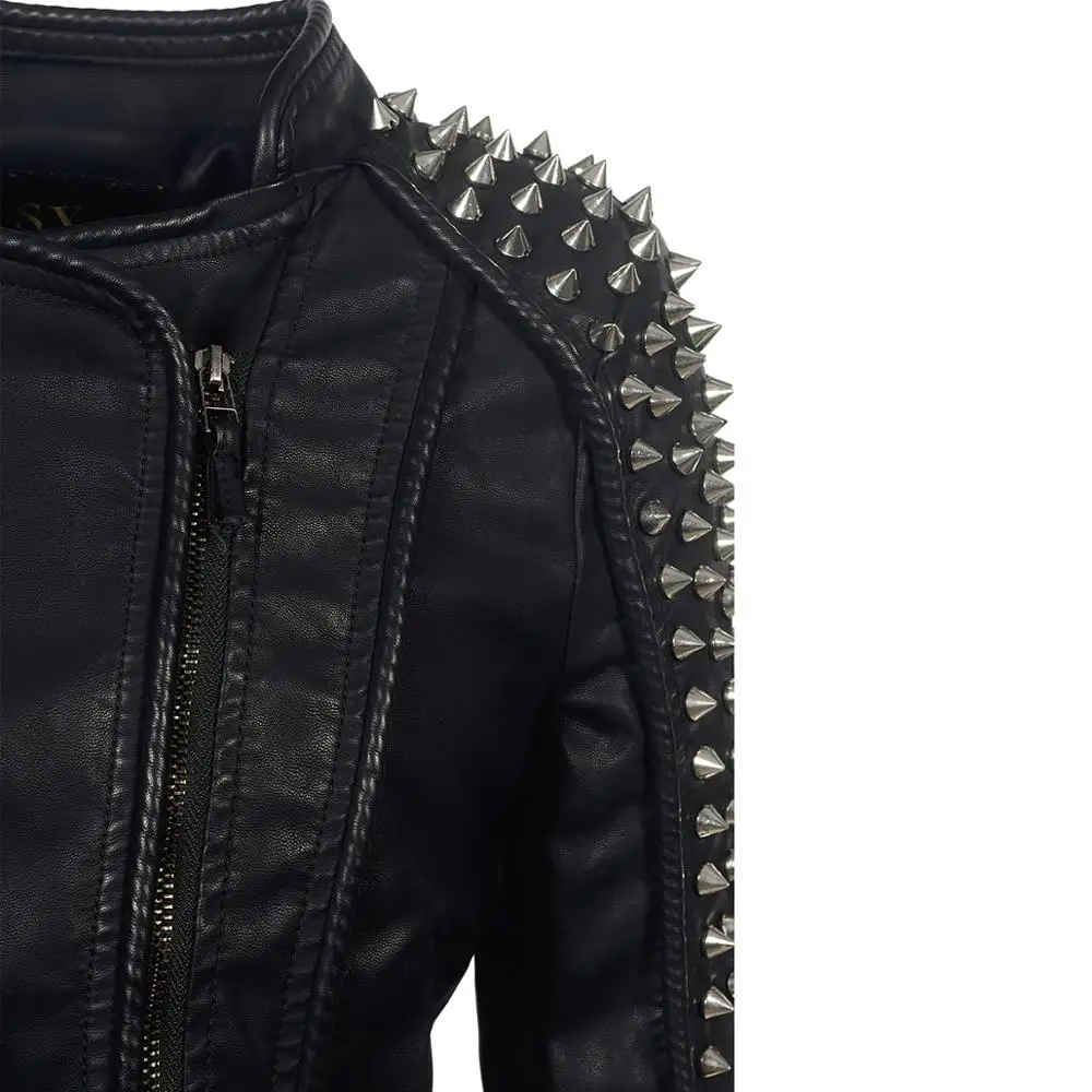 SX панк заклепки искусственная кожа PU куртка Женская мода зима осень мотоциклетная куртка черная ветровка пальто верхняя одежда