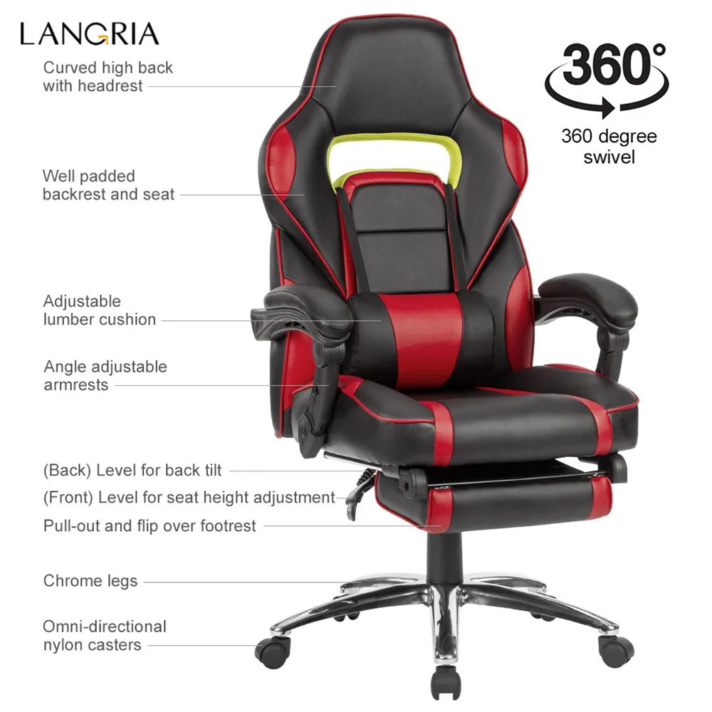 LANGRIA Ergonomic High-Back Faux Leather Racing Style Reclining Computer Gaming Executive Office Chair with Padded Footrest and Lumber Cushion02