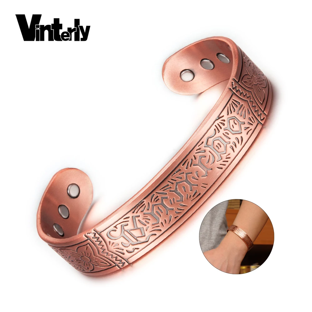 Vinterly Magnetic Pure Copper Bracelets Men Women Vintage Adjustable Wide Bracelets Bangles Health Energy Bracelet for Arthritis