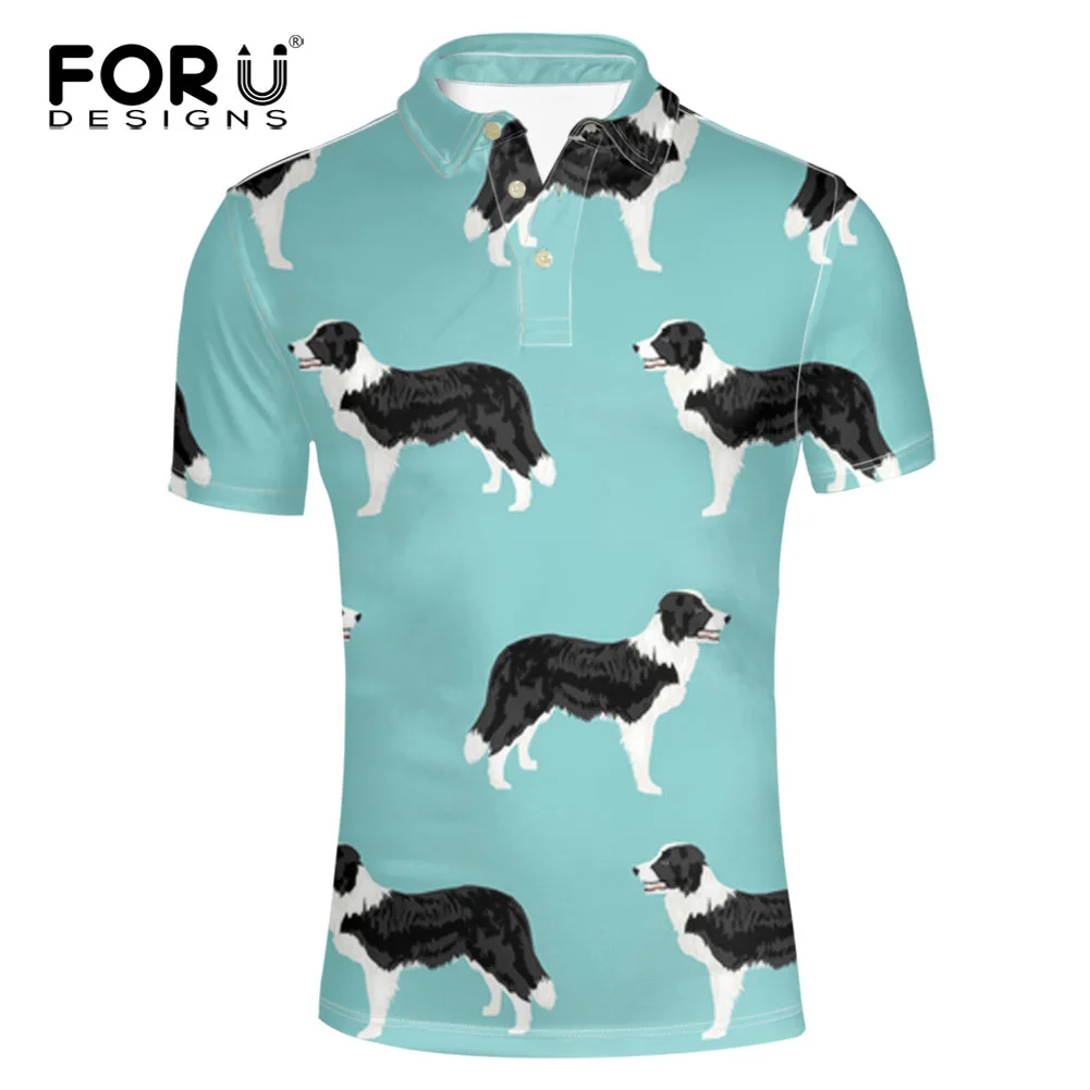 

FORUDESIGNS Men Border Collie Print Shirt Teens Animal Dogs Pattern Standing Collar Shirt Short Sleeve for Male Summer Tops