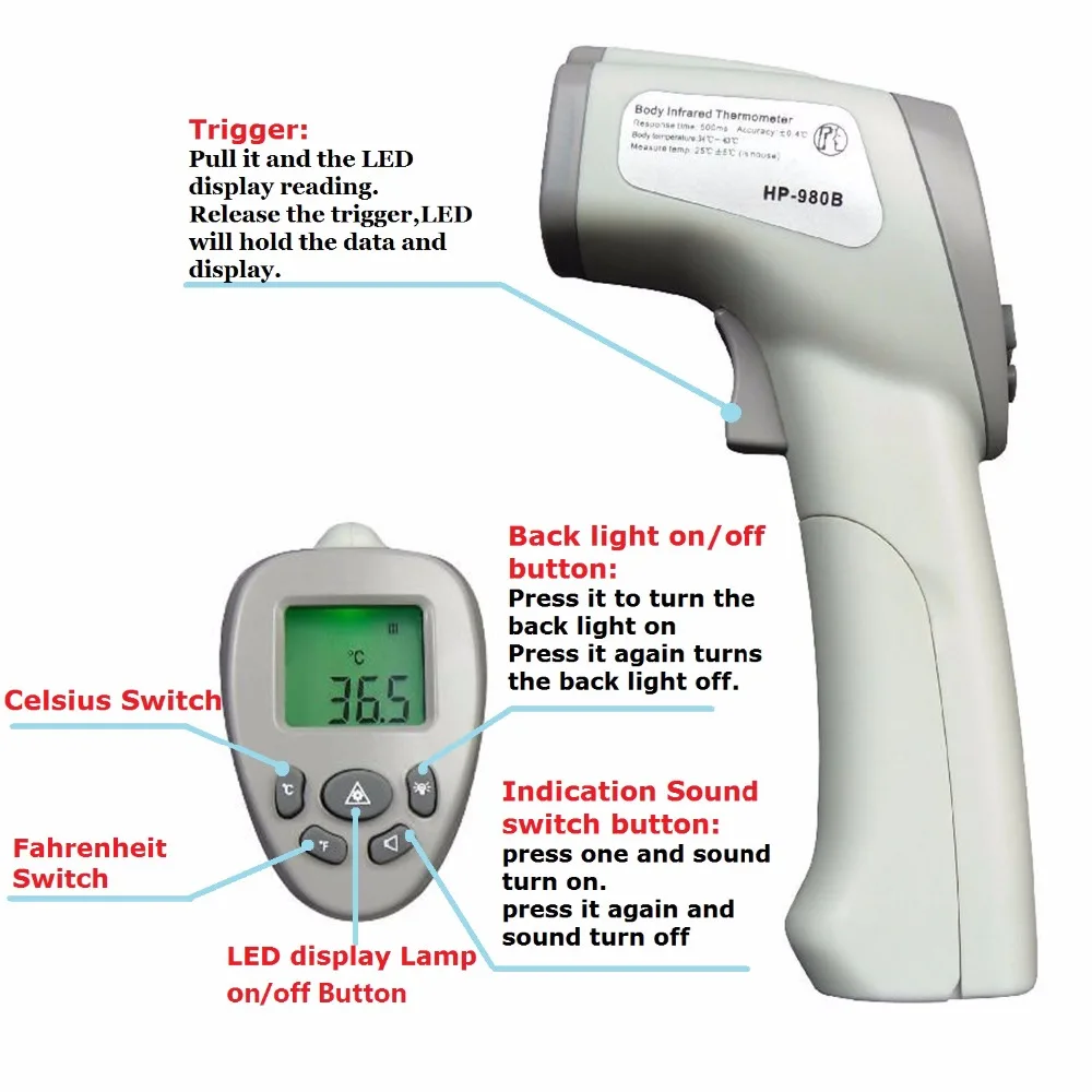 HoldPeak HP980B Safe Professional Body Infrared Thermometer Non Contact