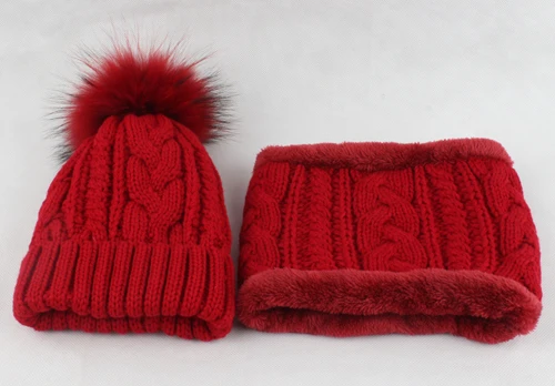 Мужские зимние меховые шапки для женщин, флисовая подкладка, вязаная шапка, шарф, набор бини с помпоном, шарф, шапка, комплект из двух предметов - Цвет: wine red fur pom adu