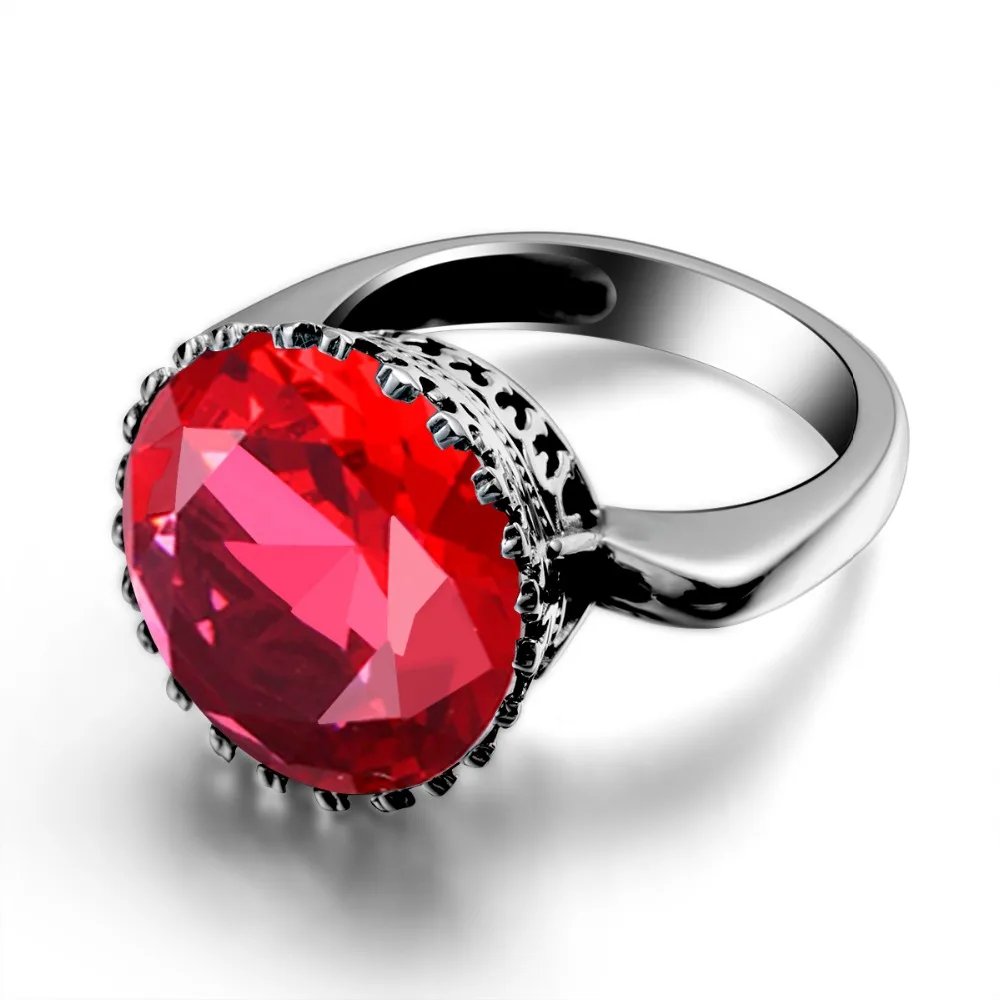 Szjinao Wholesale Princess Crown Big Rings for Women Round Red RubyWedding Engagement Punk Rock 925 Sterling Silver Jewelry