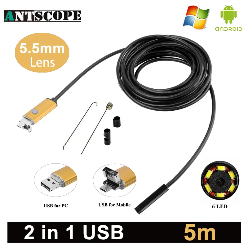 Antscope Android эндоскоп камера 5 мм объектив Золотая змея труба осмотр Otg бороскоп м USB