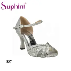 Бесплатная доставка, блестящие танцевальные туфли, Серебристые Новые туфли для латинских танцев на высоком каблуке 7,5 см