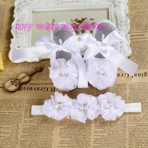 Christening baptism newborn baby girl shoes headband set,toddler baby