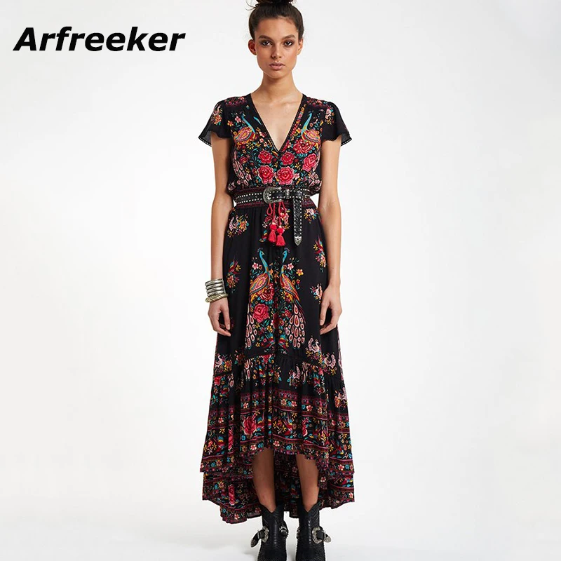 Arfreeker летом вишня цветочным принтом пляжное платье Wrap платье для женщин V шеи Сексуальная Сплит Повседневная Ретро праздничные платья Vestidos