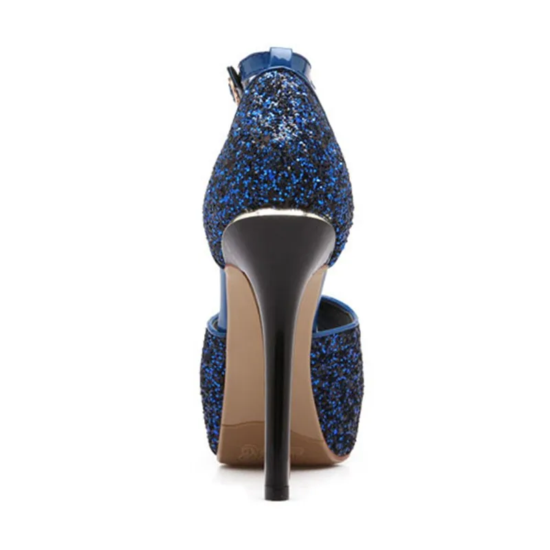ENMAYLA/женские блестящие туфли-лодочки на платформе с открытым носком и ремешком на щиколотке пикантные босоножки на очень высоком каблуке женские синие туфли на шпильке для вечеринки и свадьбы