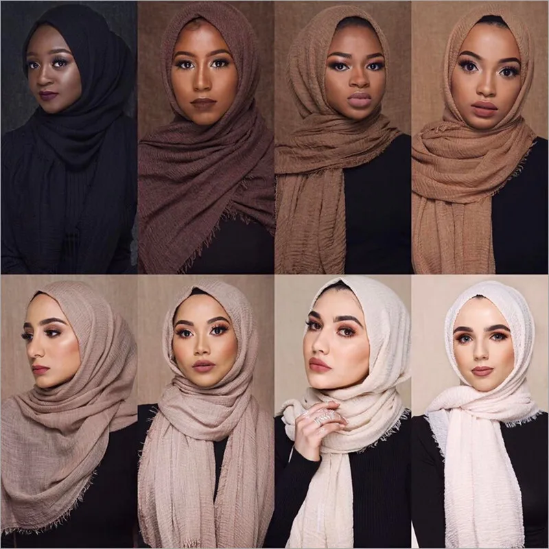 

M MISM Free Shipping Ethnic Oversize Muslim Crinkle Hijab Head Scarf Women Solid Bubble Cotton Shawls And Wraps Soft Big Linen