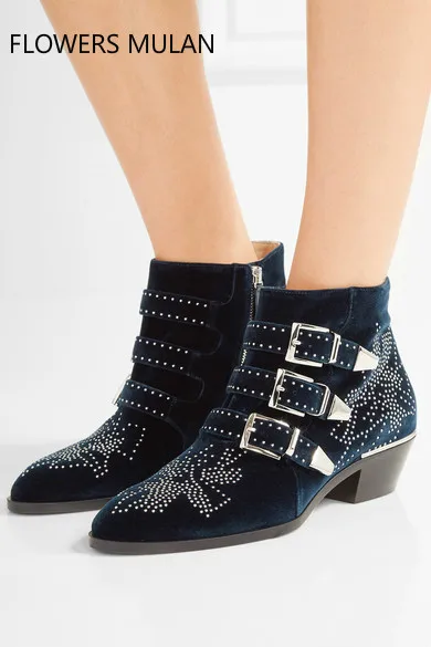 

Susanna Studded Real Leather Ankle Boots Women Round Toe Rivet Flower Martin Boots Women Luxury Velvet Boots Zapatos Mujer Lady