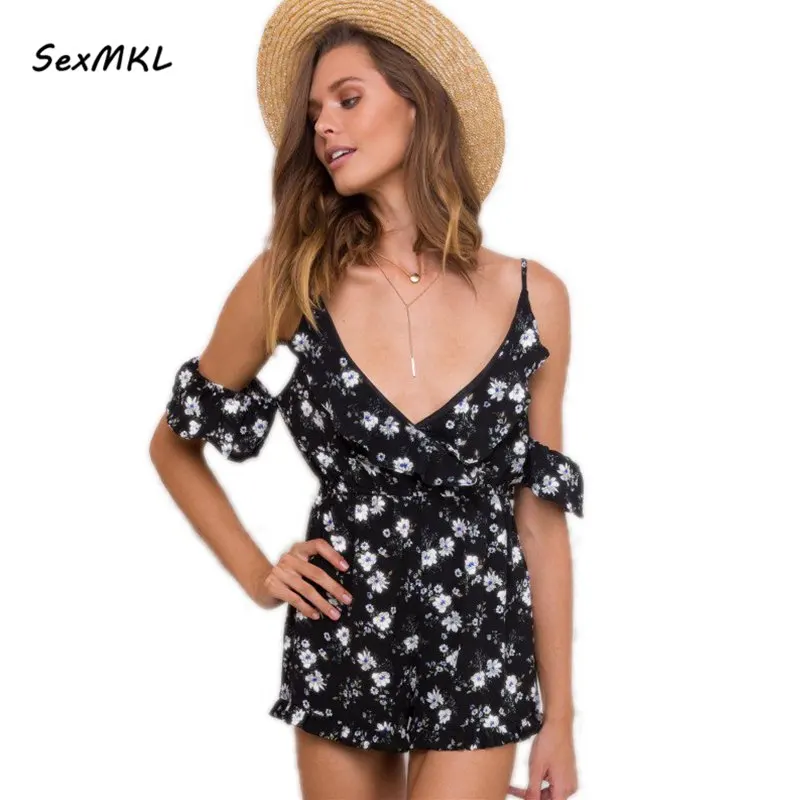SexMKL Floral Printed Playsuits Off Shoulder Overalls Jumpsuit Short 2018 Casual Deep V Neck Backless Ruffles Women's Bodysuits Jumpsuits and Playsuits