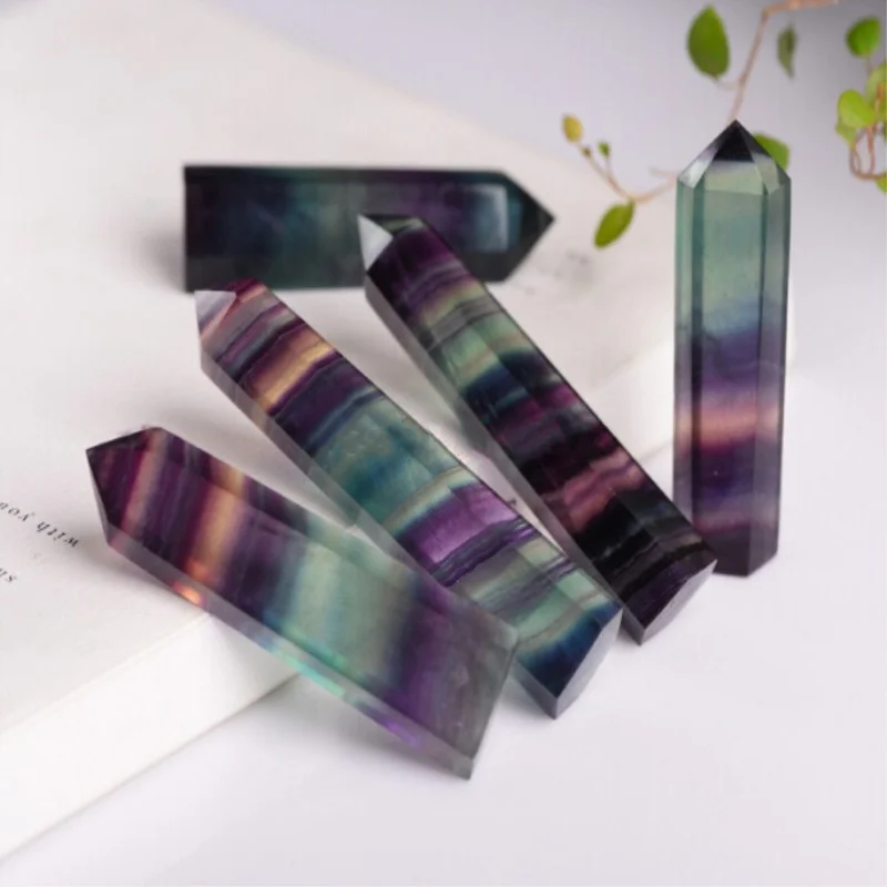 

3 Size Natural Colorful Striped Fluorite Fluorite Crystal Quartz Crystal Stone Point Healing Hexagonal Wand Treatment Stone