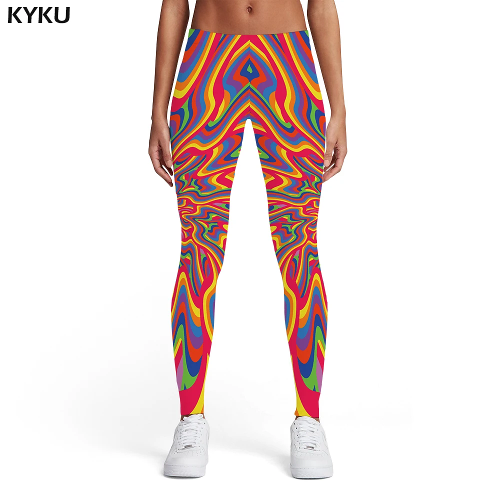 

KYKU Brand Psychedelic Leggings Women Colorful 3d Print Dizziness Elastic Gothic Trousers Rainbow Spandex Womens Leggings Pants