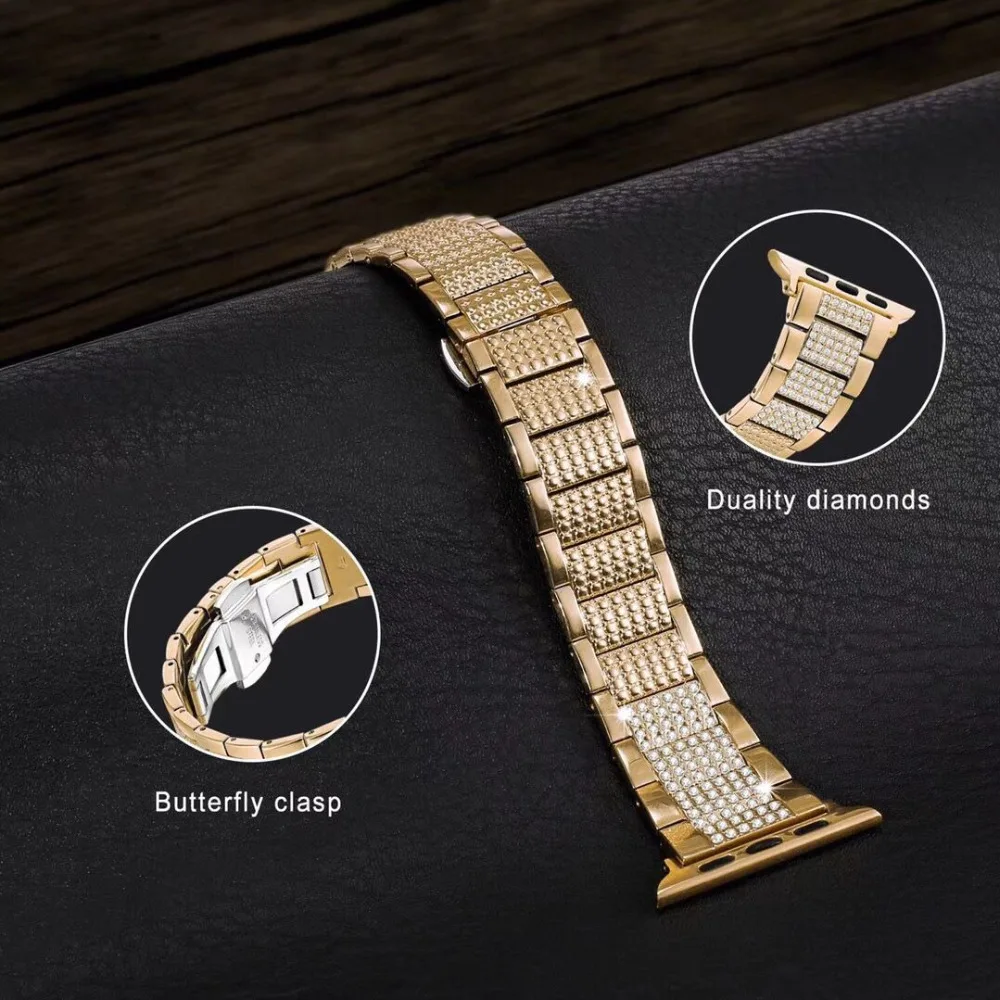 Luxury design Butterfly clasp Stainless Steel link Bracelet Strap series 4/3/2/1 for Apple Watch Diamond Band 38/40mm 42mm/44mm