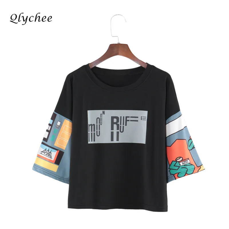 Qlychee Fashion Streetwear Patchwork Print T shirt Women Three Quarter Sleeve O Neck Harajuku Lady Top Tee Spring T-shirt Female