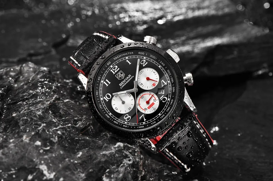Benyar спортивные многофункциональные мужские наручные часы с кожаным ремешком Топ люксовый бренд Мужские кварцевые часы с хронографом мужские наручные часы