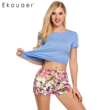 

Ekouaer Floral Pajama Sets Women Sleepwear Solid O-Neck Short Sleeve Solid Tops With Shorts Pajamas Summer Casual Loose Homewear