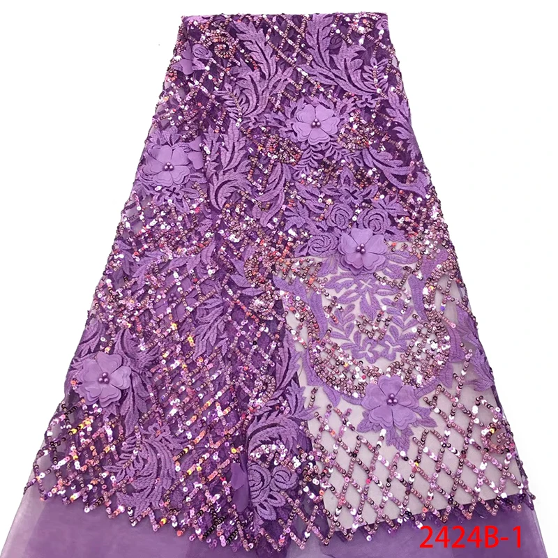 

African Sequins Lace Fabrics With Beads French Tulle Lace Fabrics Embroidered Nigerian Net Lace Fabric With 3D Flowers QF2424B-1