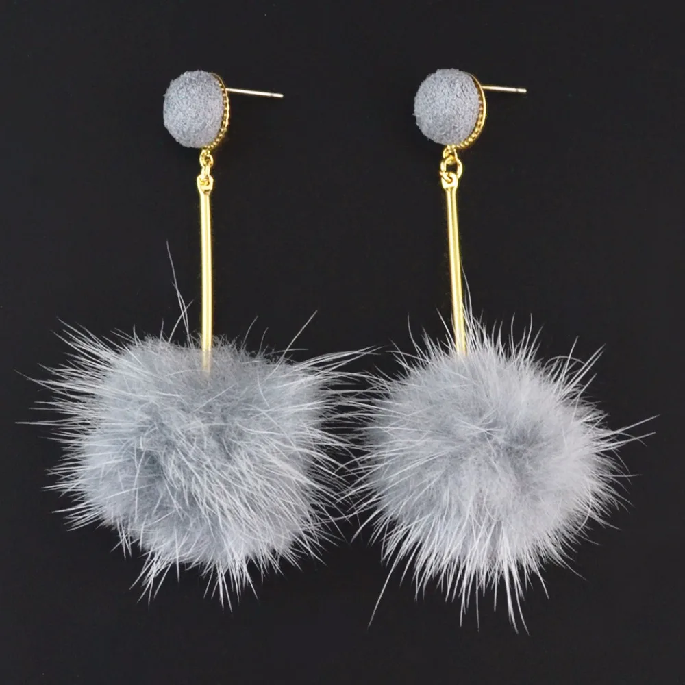 Boho Gold Metal Plush Fur Ball Pompom Dangle Earrings For Women Ladies